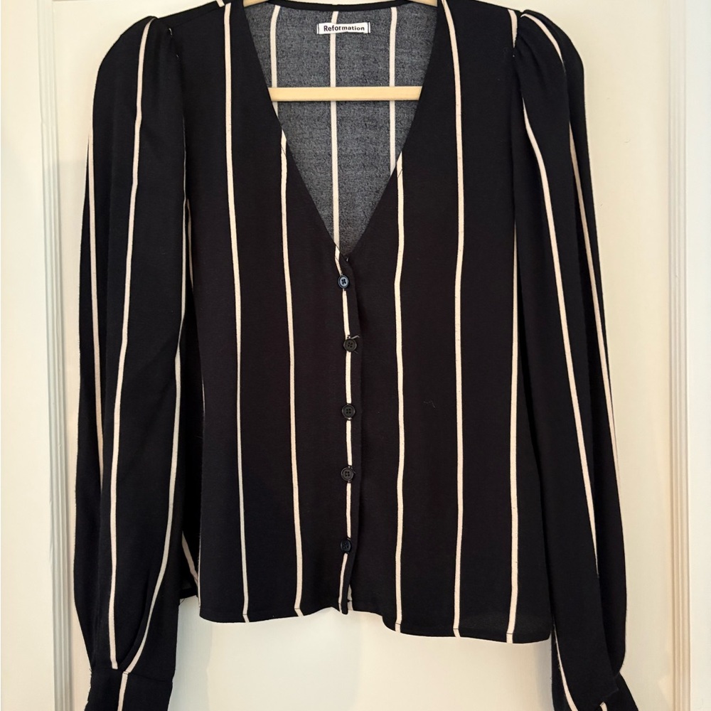 Reformation Annaliese Top - Black and Cream Striped Blouse